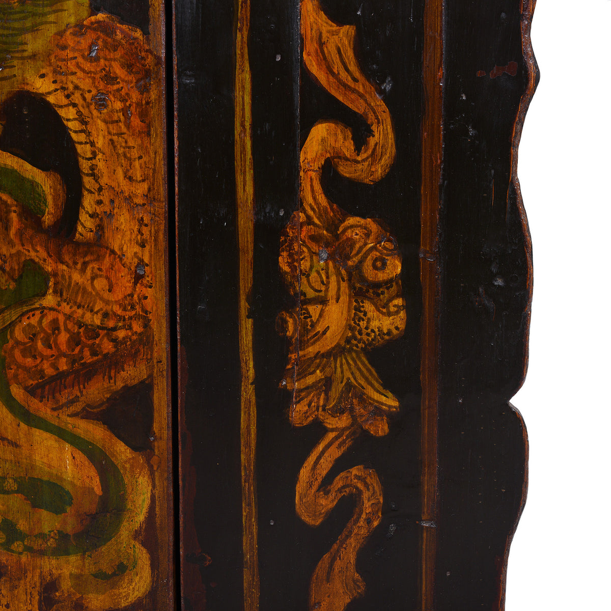 Paintwork Detail From Painted Nineteenth Century Qinghai Cabinet With Hand Painted Tiger Panels And Dragon Motif | Indigo Antiques