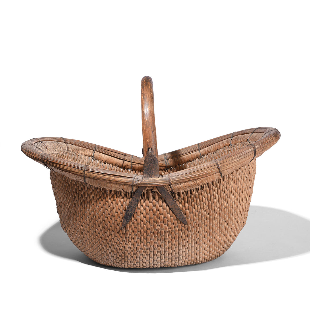 Vintage Chinese Woven Willow Basket With Wooden Handle And Metal Reinforcements