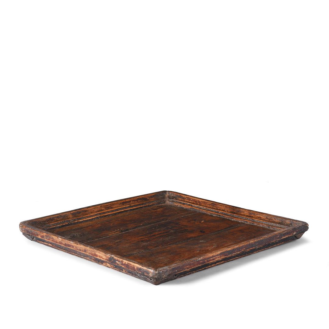 Angled VIew Of Light Vintage Square Wooden Tea Tray With Raised Edge And Rich Patina