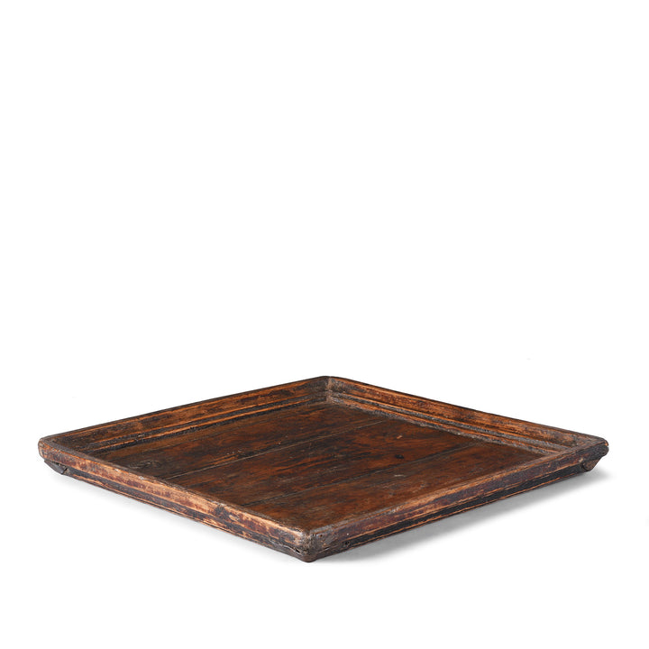 Angled VIew Of Light Vintage Square Wooden Tea Tray With Raised Edge And Rich Patina