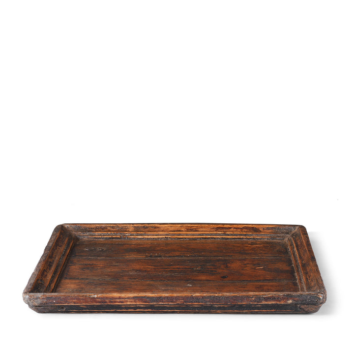 Light Vintage Square Wooden Tea Tray With Raised Edge And Rich Patina