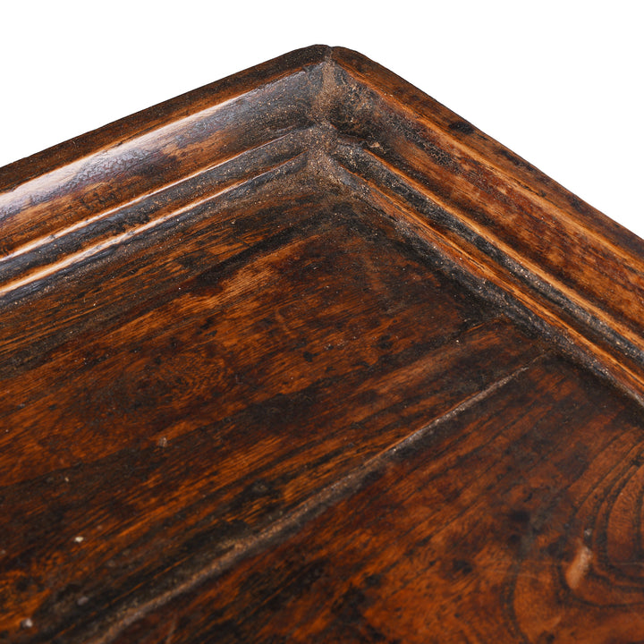 Detail From Light Vintage Square Wooden Tea Tray With Raised Edge And Rich Patina