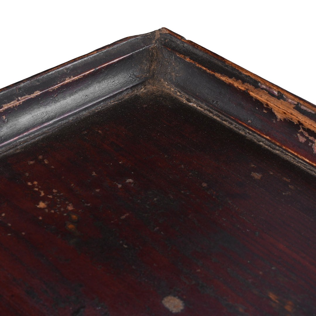 Detail From Dark Vintage Square Wooden Tea Tray With Raised Edge And Rich Patina