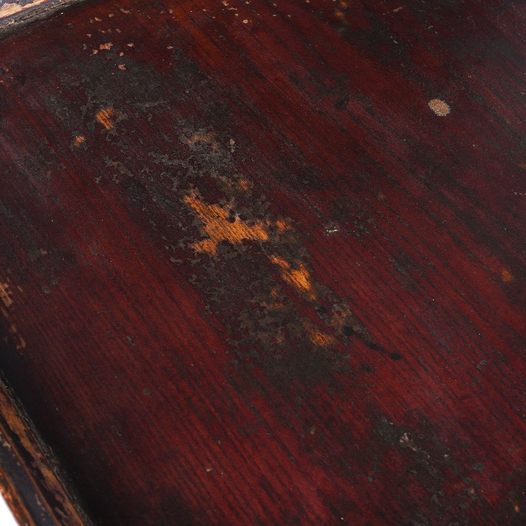 Detail From Dark Vintage Square Wooden Tea Tray With Raised Edge And Rich Patina