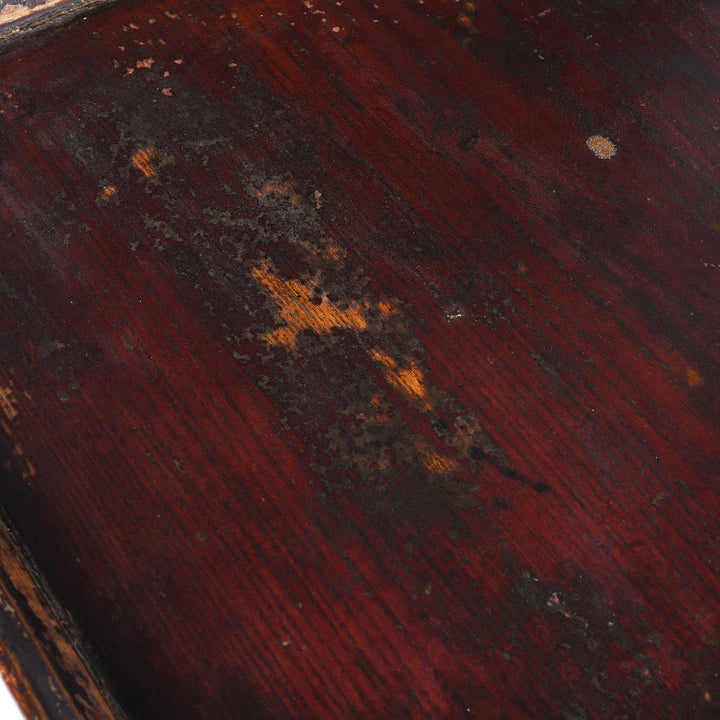 Detail From Dark Vintage Square Wooden Tea Tray With Raised Edge And Rich Patina