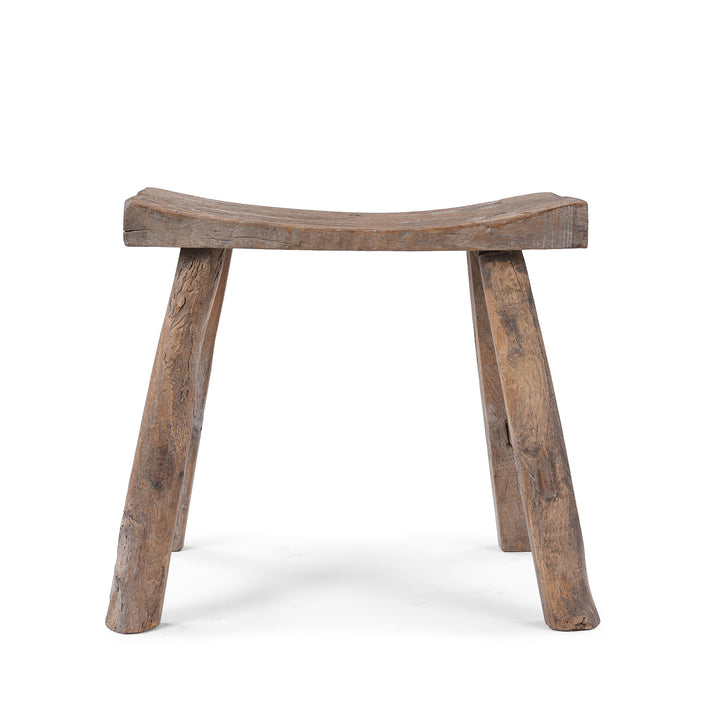 Rustic 19th Century Elm Saddle Stool With Hand Shaped Seat And Stretcher Supports Showing Natural Patina And Age Wear | Indigo Antiques