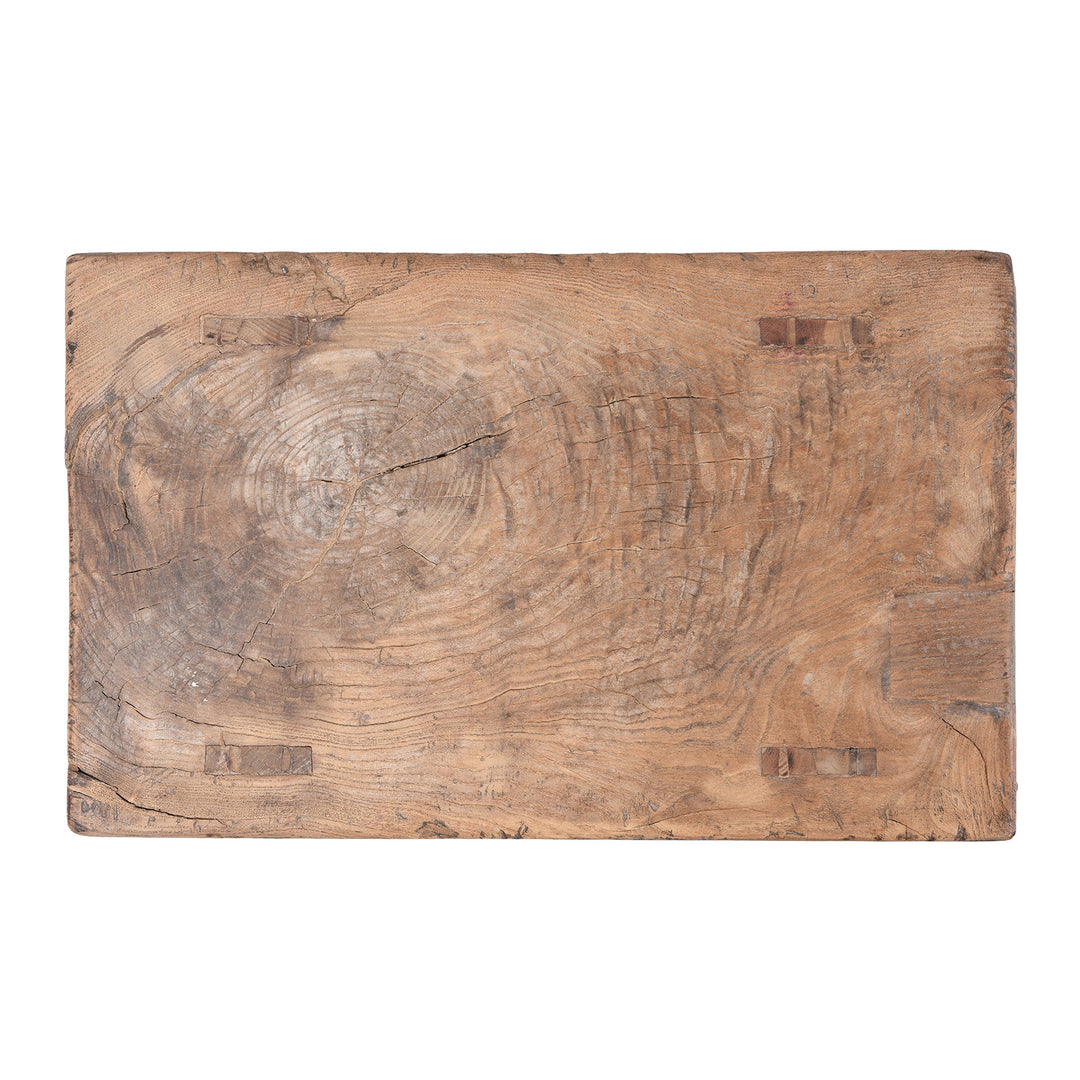 Top Down View Of Antique Chinese Elm Farmers Milking Stool With Rustic Handcrafted Rectangular Seat And Splayed Legs