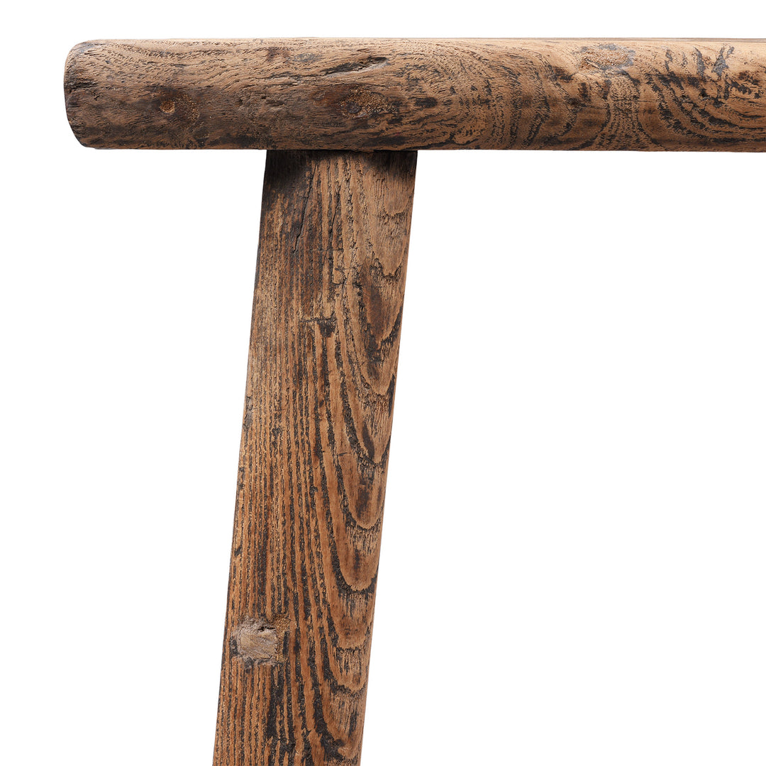 Leg And Stool Detail From Antique Chinese Elm Farmers Milking Stool With Rustic Handcrafted Rectangular Seat And Splayed Legs