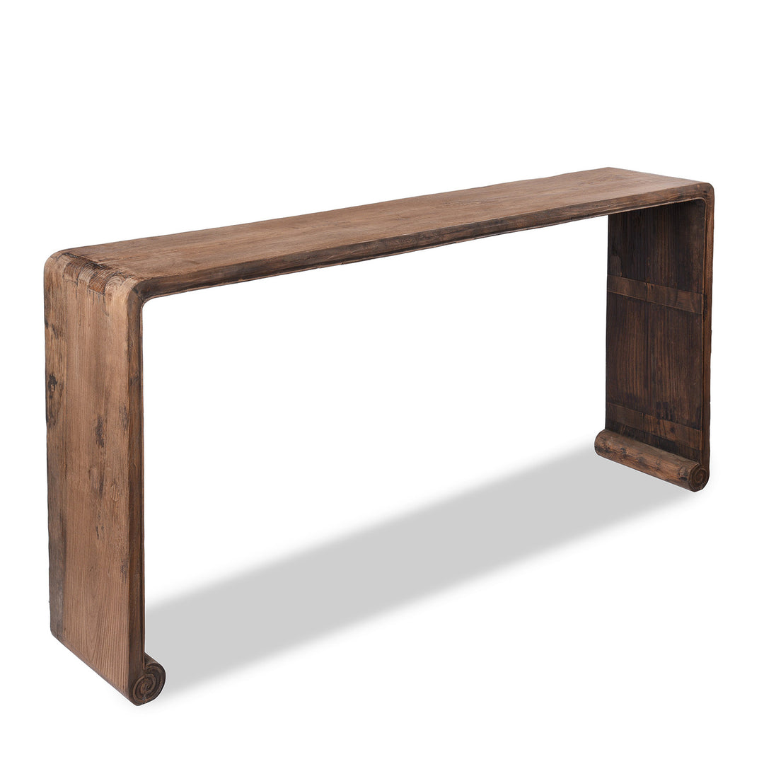 Angled View Of Chinese Bleached Elm Ribbon Altar Table | Indigo Antiques