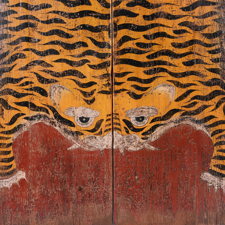 Tiger Face Detail From Chinese Reproduction Painted Tiger Doors | Indigo Antiques