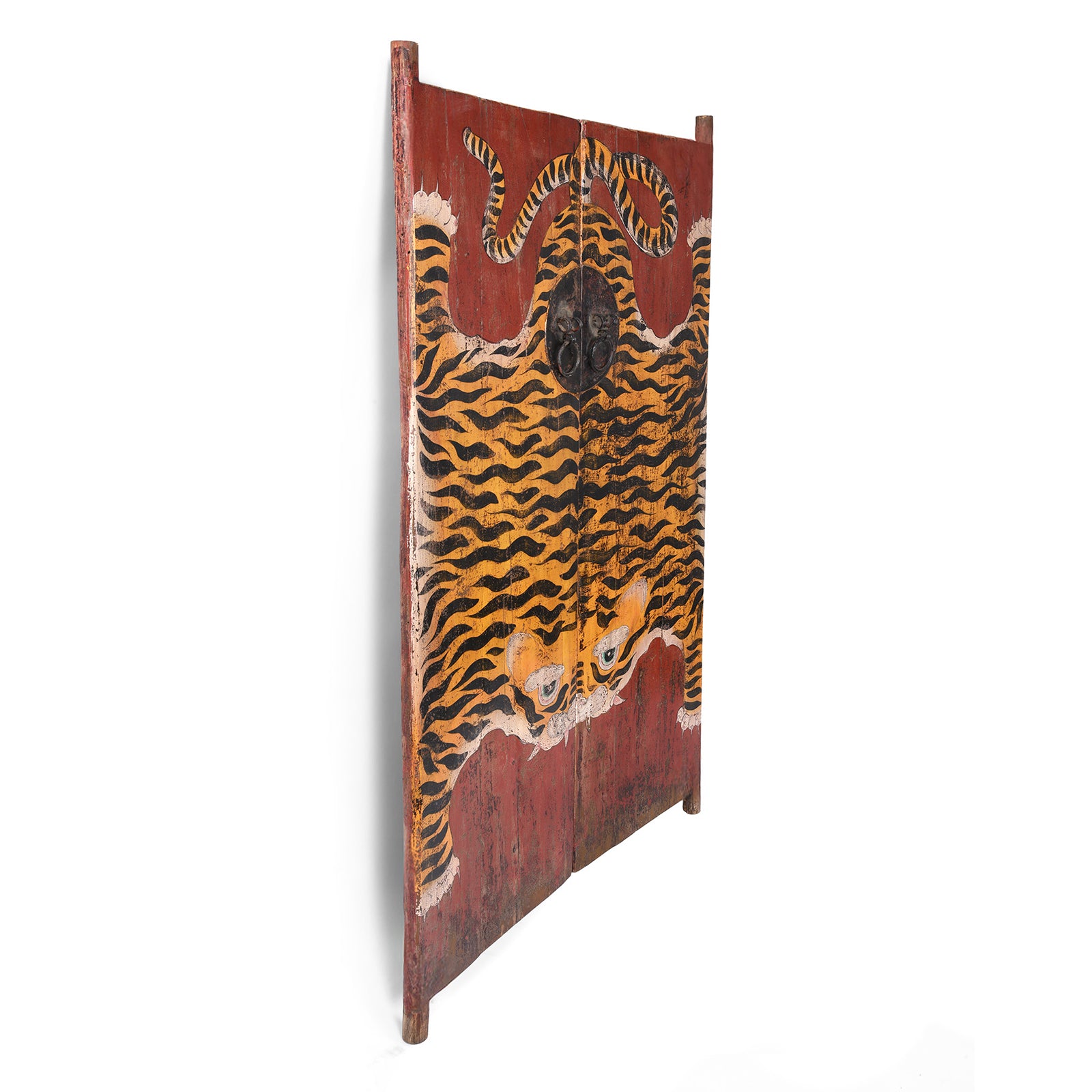 Angled View Of Hand Painted Reproduction Qinghai Tiger Doors With Stylised Striped Motif On Distressed Red Background