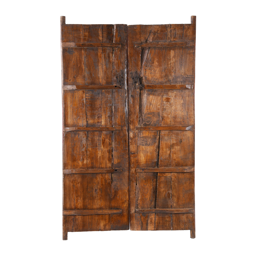 Back Of Hand Painted Reproduction Qinghai Tiger Doors With Stylised Striped Motif On Distressed Red Background