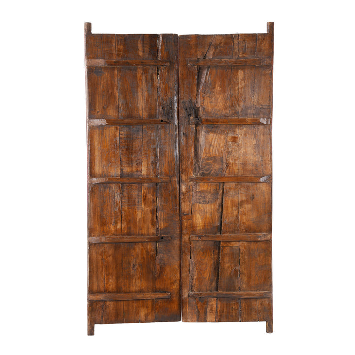 Back Of Hand Painted Reproduction Qinghai Tiger Doors With Stylised Striped Motif On Distressed Red Background