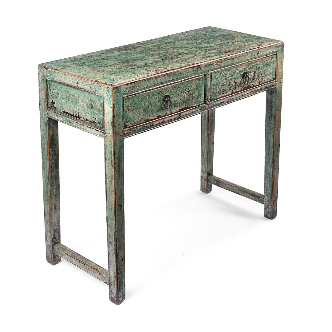 Angled View Of Reproduction Chinese Green Lacquer 2 Drawer Console Table | Indigo Antiques