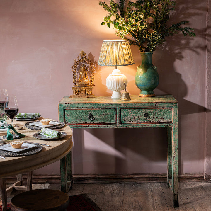 Lifestyle View Of Reproduction Chinese Green Lacquer 2 Drawer Console Table | Indigo Antiques