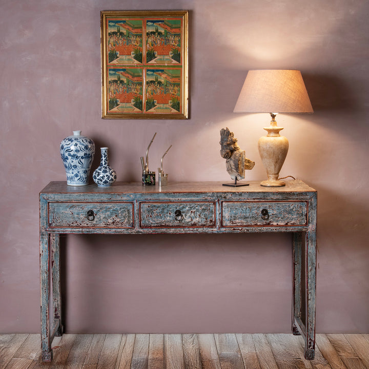 Reproduction Chinese Turquoise Lacquer 3 Drawer Console Table | Indigo Antiques