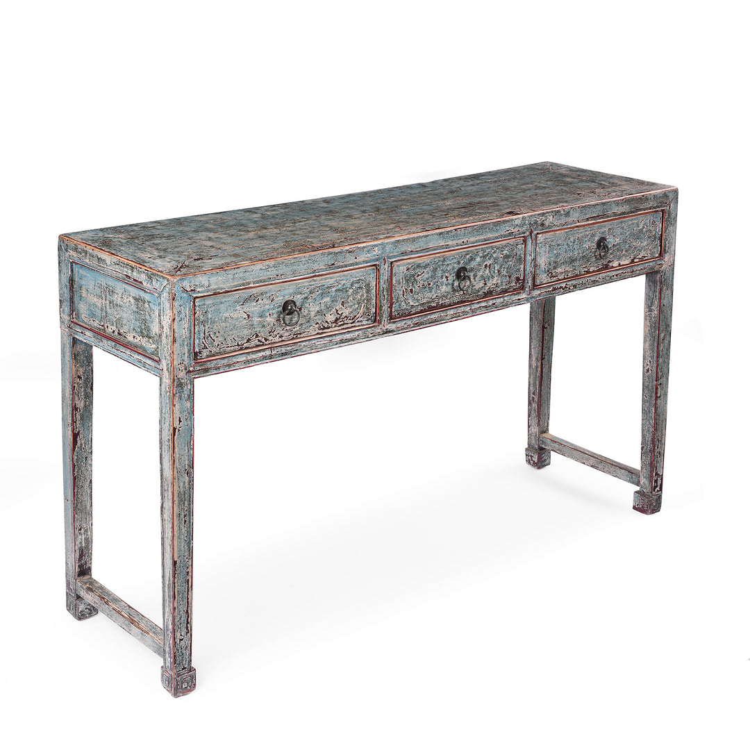 Angled View Of Reproduction Chinese Turquoise Lacquer 3 Drawer Console Table | Indigo Antiques