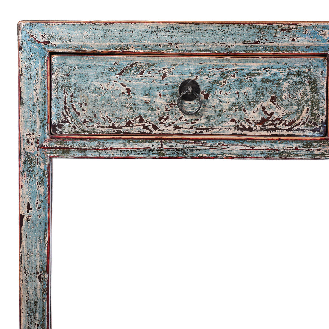 Corner Detail From Reproduction Chinese Turquoise Lacquer 3 Drawer Console Table | Indigo Antiques