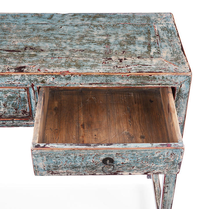 Drawer Interior Detail From Reproduction Chinese Turquoise Lacquer 3 Drawer Console Table | Indigo Antiques