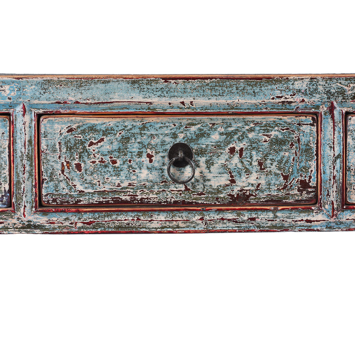 Drawer Detail From Reproduction Chinese Turquoise Lacquer 3 Drawer Console Table | Indigo Antiques