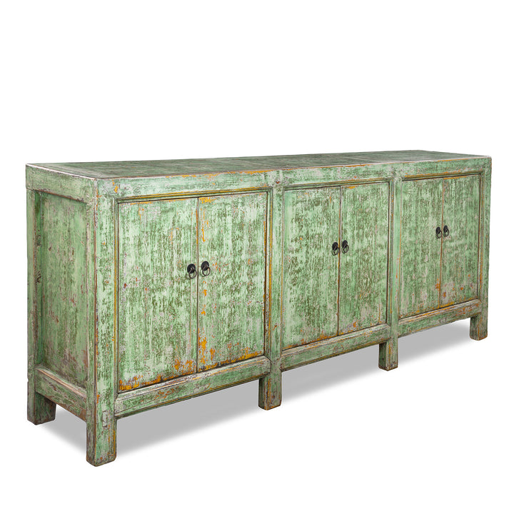 Angled View Of Six Door Mongolian Green Sideboard Made From Reclaimed Wood With Distressed Finish And Rustic Patina.
