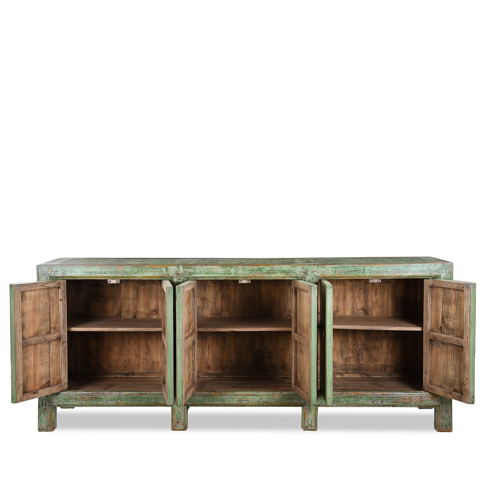 Full Interior View From Six Door Mongolian Green Sideboard Made From Reclaimed Wood With Distressed Finish And Rustic Patina.