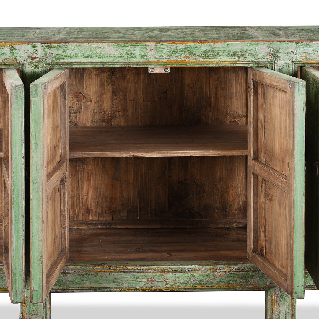Interior View Of Shelves From Six Door Mongolian Green Sideboard Made From Reclaimed Wood With Distressed Finish And Rustic Patina.