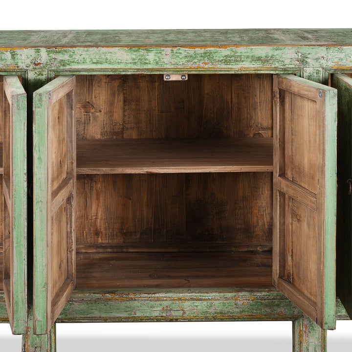 Interior View Of Shelves From Six Door Mongolian Green Sideboard Made From Reclaimed Wood With Distressed Finish And Rustic Patina.