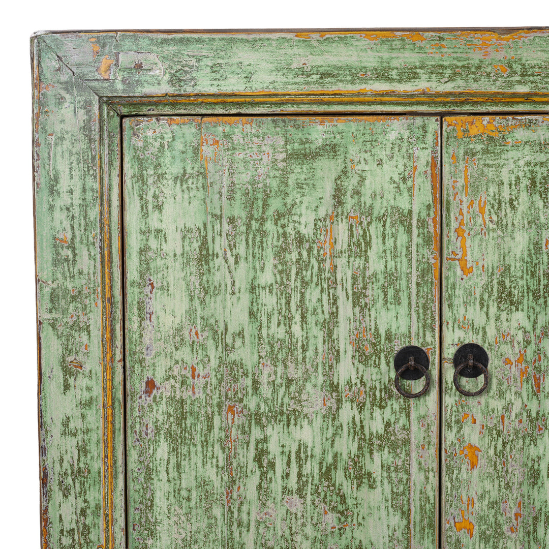 Corner Detail Of Doors From Six Door Mongolian Green Sideboard Made From Reclaimed Wood With Distressed Finish And Rustic Patina.
