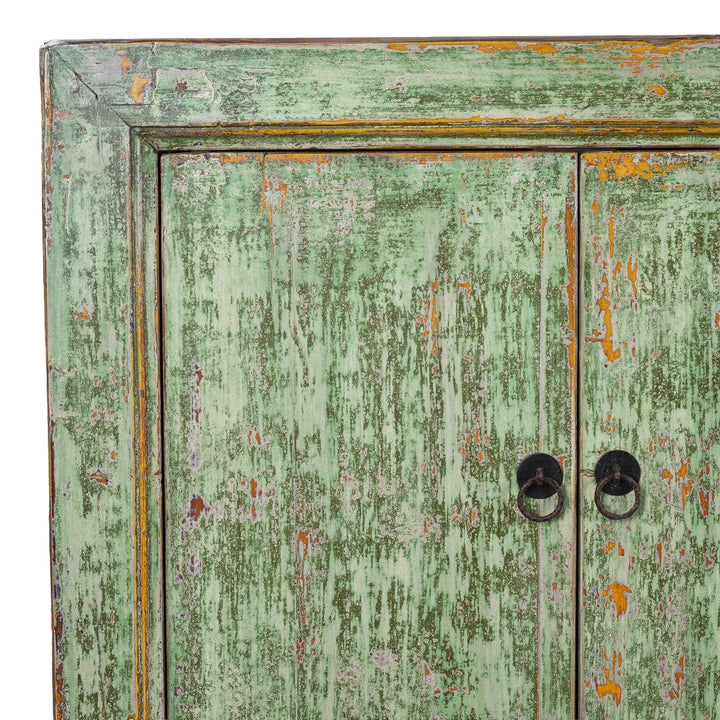 Corner Detail Of Doors From Six Door Mongolian Green Sideboard Made From Reclaimed Wood With Distressed Finish And Rustic Patina.