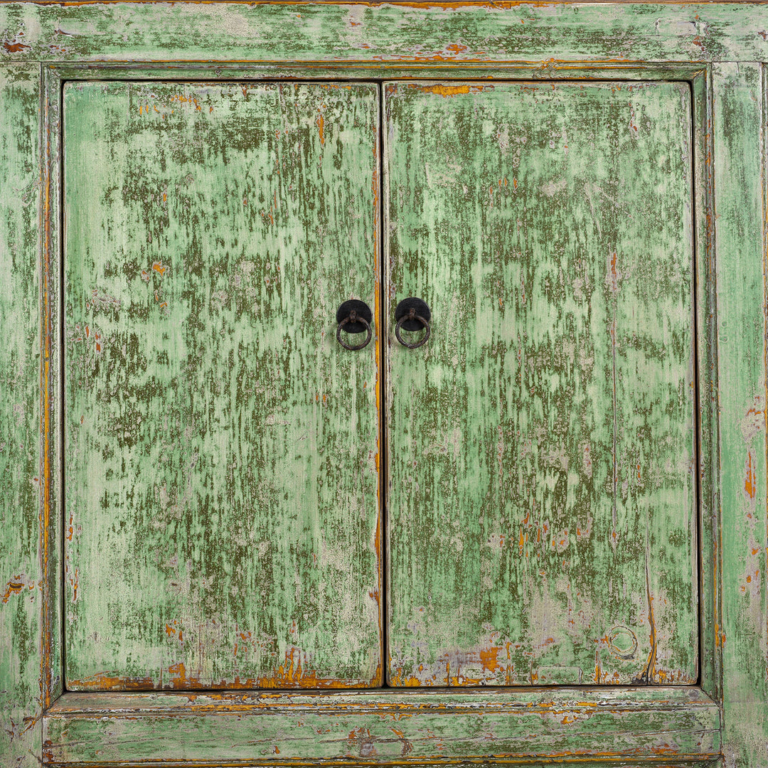 Door Detail View From Six Door Mongolian Green Sideboard Made From Reclaimed Wood With Distressed Finish And Rustic Patina.