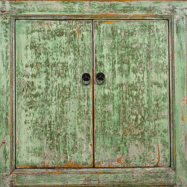 Door Detail View From Six Door Mongolian Green Sideboard Made From Reclaimed Wood With Distressed Finish And Rustic Patina.