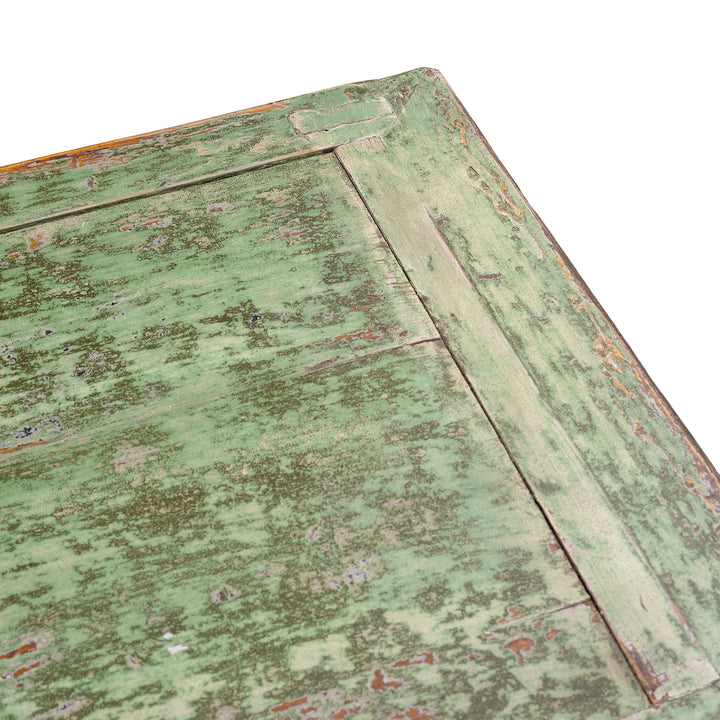 Top Down Corner Detail Of Paintwork From Six Door Mongolian Green Sideboard Made From Reclaimed Wood With Distressed Finish And Rustic Patina.