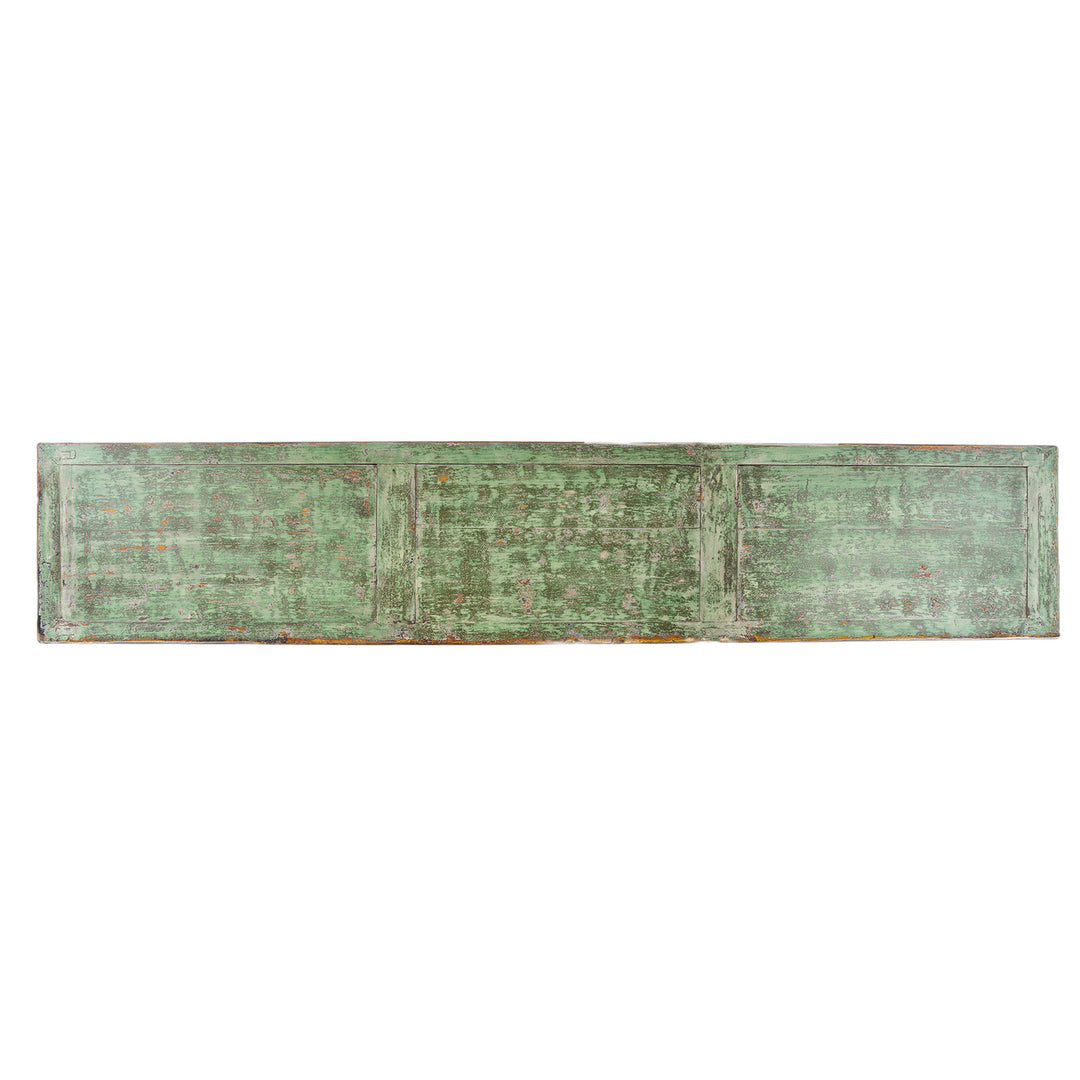Top Down View Of Six Door Mongolian Green Sideboard Made From Reclaimed Wood With Distressed Finish And Rustic Patina.