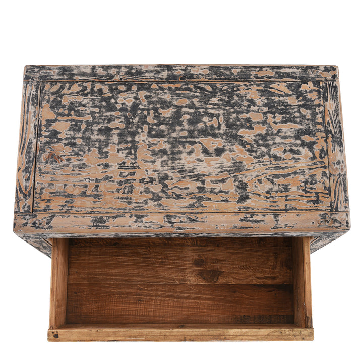 Top Down View Of Hand-Carved Indian Chest Of Drawers With Floral Motifs And Distressed Painted Finish