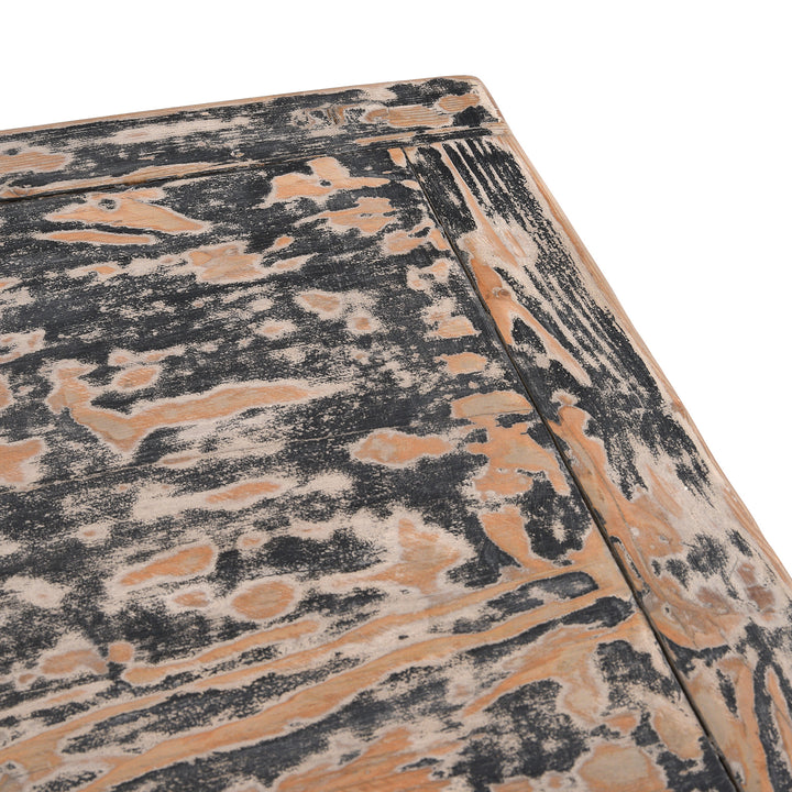 Corner Detail Of Distressed Paintwork From Hand-Carved Indian Chest Of Drawers With Floral Motifs And Distressed Painted Finish