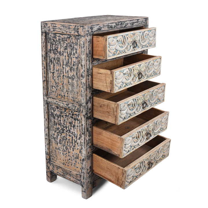 Open Drawer View Of Hand-Carved Indian Chest Of Drawers With Floral Motifs And Distressed Painted Finish