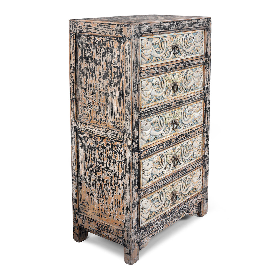 Angled View Of Hand-Carved Indian Chest Of Drawers With Floral Motifs And Distressed Painted Finish