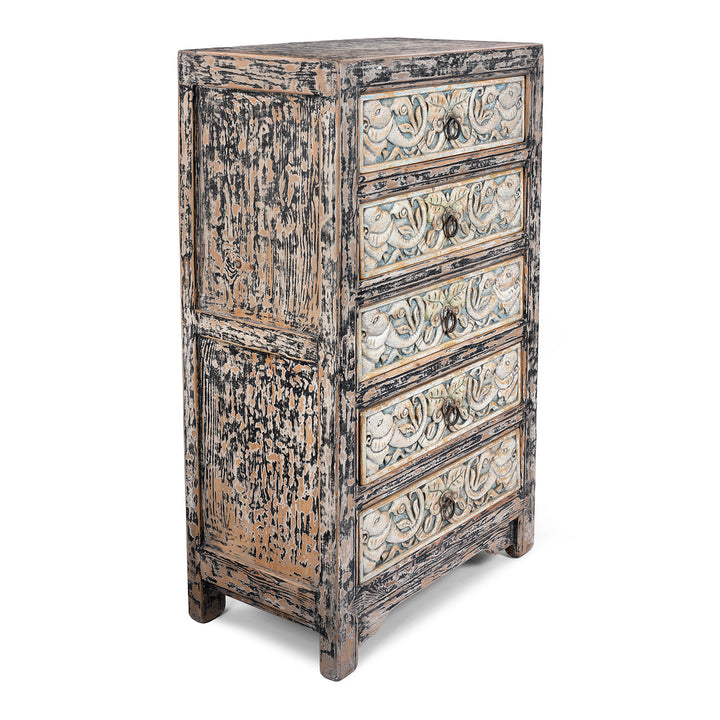 Angled View Of Hand-Carved Indian Chest Of Drawers With Floral Motifs And Distressed Painted Finish
