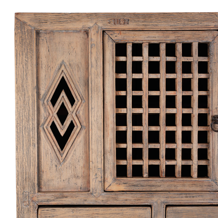 Rustic Chinese Kitchen Cabinet with geometric design and lattice pattern