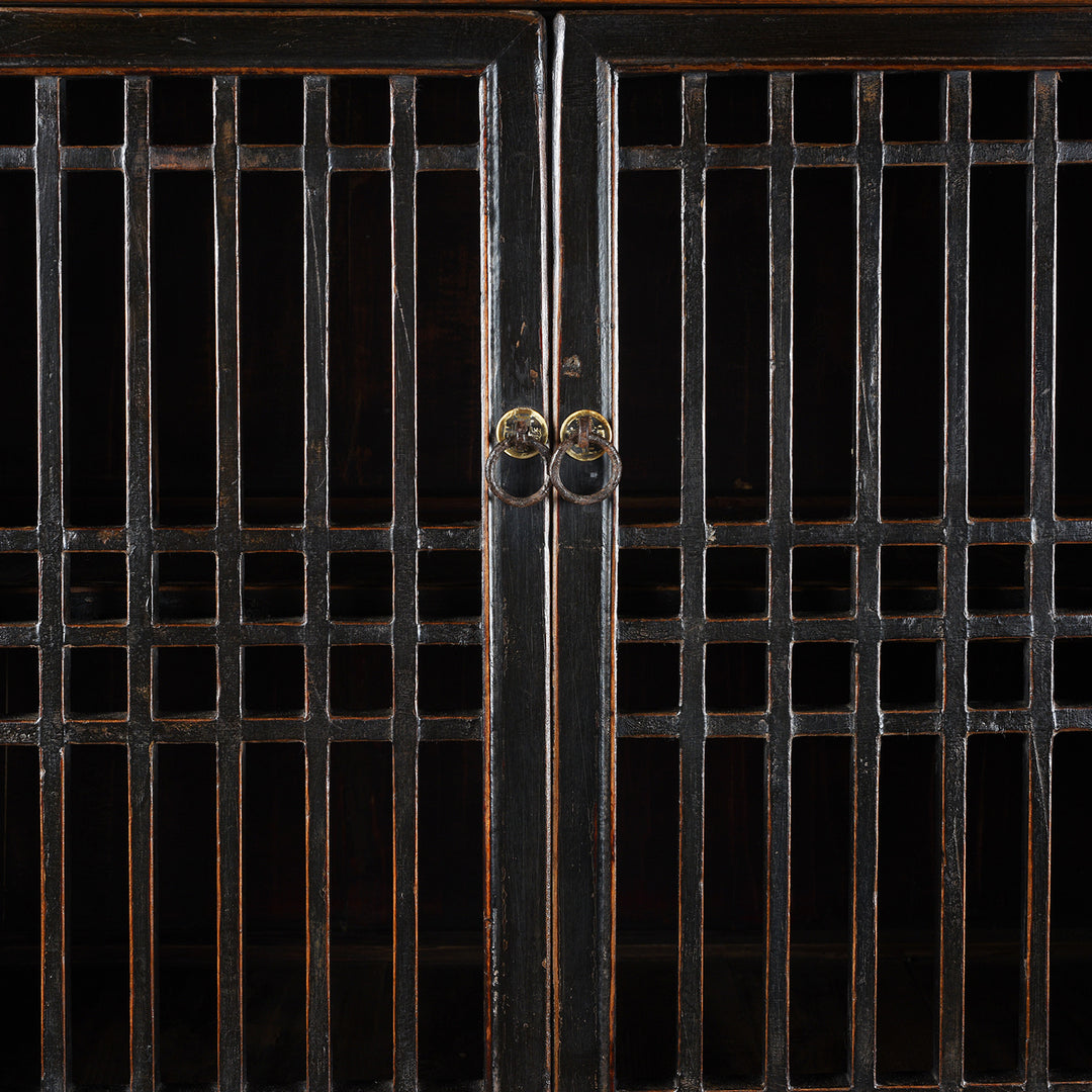 Detailed View Of Lattice Doors From Antique Chinese Black Lacquered Cabinet With Upper Lattice Doors And Lower Panelled Cupboard And Drawer Section
