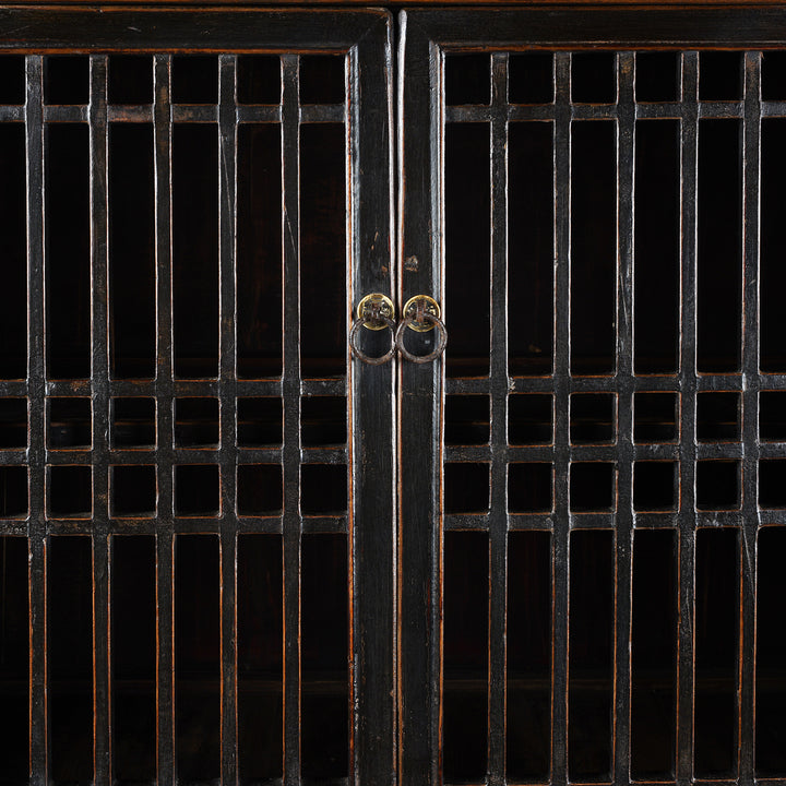 Detailed View Of Lattice Doors From Antique Chinese Black Lacquered Cabinet With Upper Lattice Doors And Lower Panelled Cupboard And Drawer Section