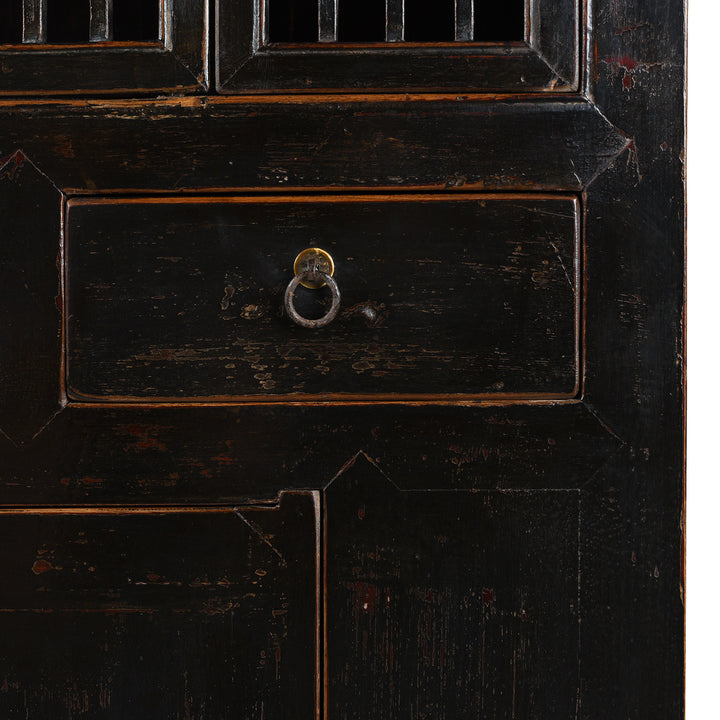 Detailed View Of Lacquer Work From Antique Chinese Black Lacquered Cabinet With Upper Lattice Doors And Lower Panelled Cupboard And Drawer Section