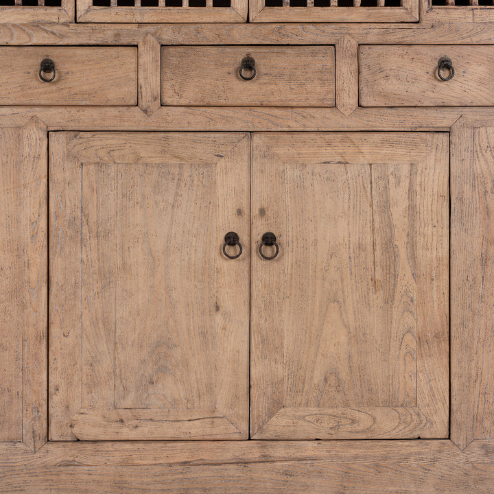 Rustic Chinese yumu elm wood detail on a Chinese antique kitchen cabinet