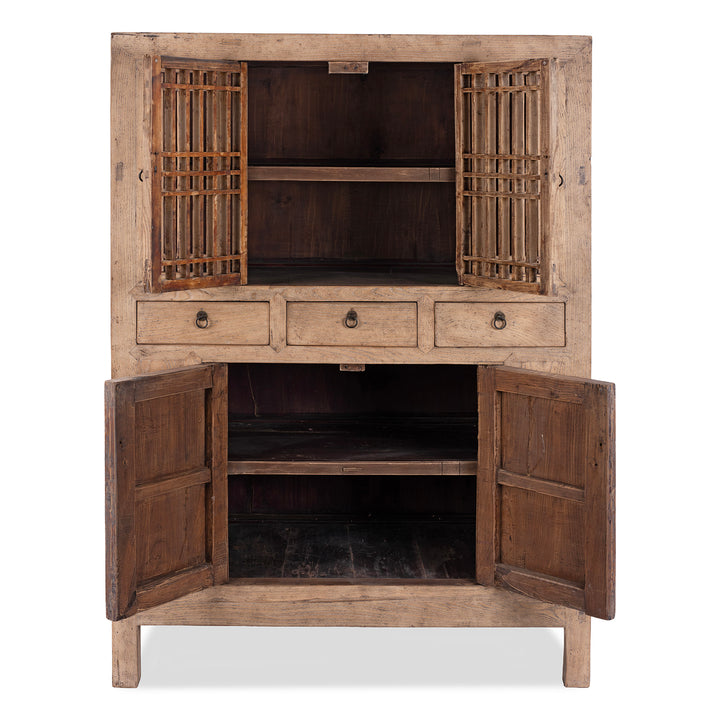 Antique Chinese rustic elm wood kitchen cabinet with lattice doors and drawers €“ 19th century Shandong kitchen cabinet