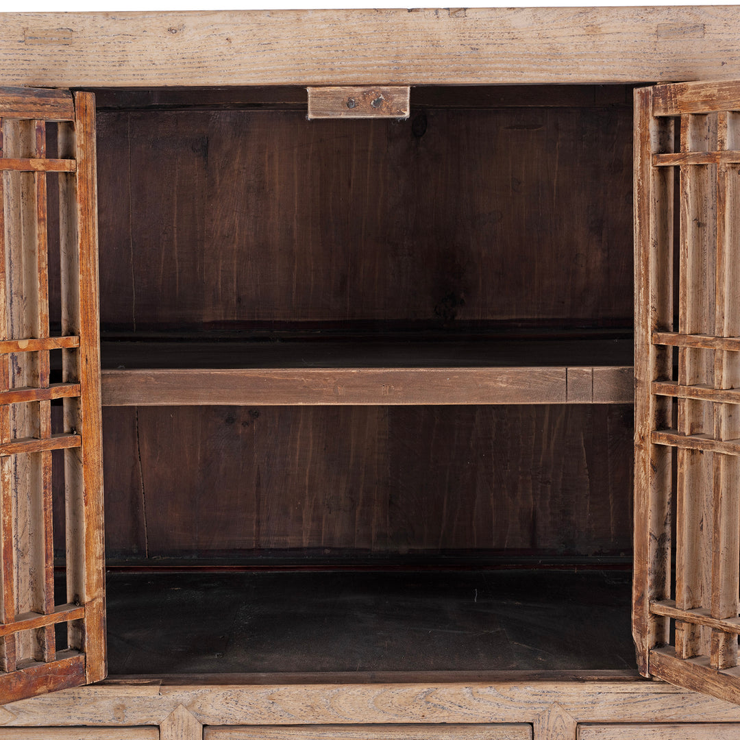 Rustic farmhouse bleached elm Chinese cabinet drawer detail interior detail