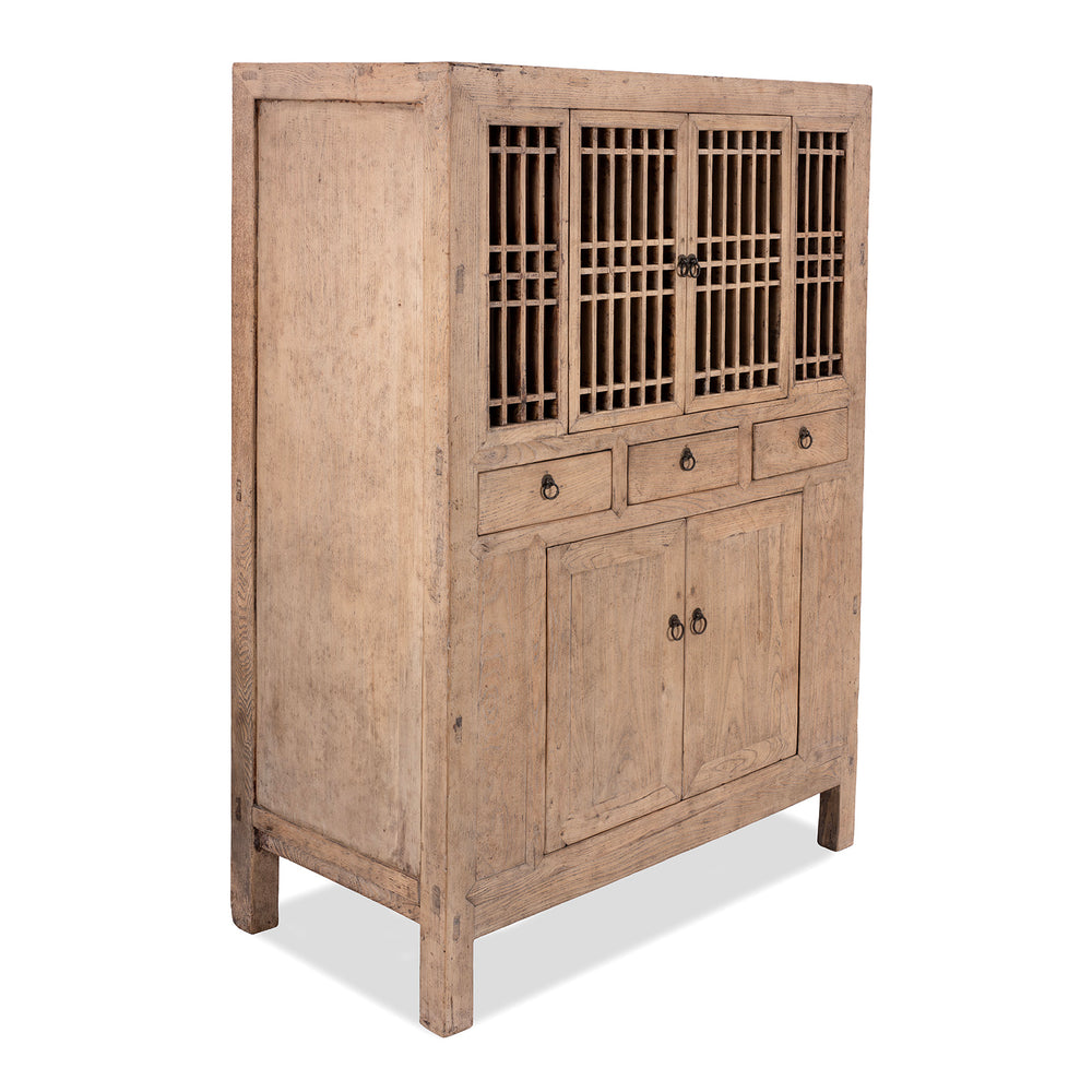 Side profile of a Antique Chinese rustic elm wood kitchen cabinet with lattice doors and drawers €“ 19th century Shandong kitchen cabinet