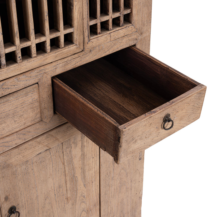 Rustic farmhouse bleached elm Chinese cabinet drawer detail