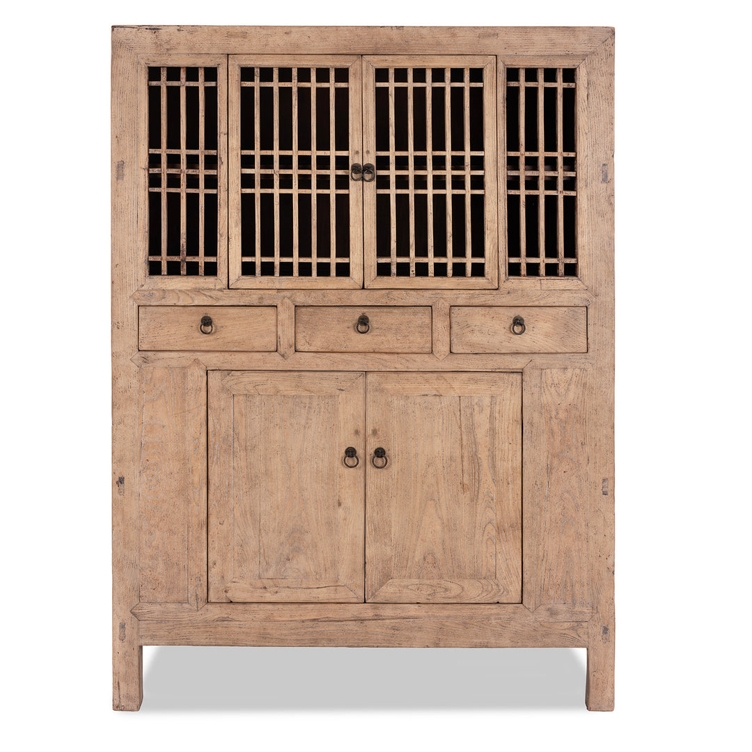 Antique Chinese rustic elm wood kitchen cabinet with lattice doors and drawers €“ 19th century Shandong kitchen cabinet