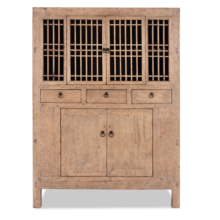 Antique Chinese rustic elm wood kitchen cabinet with lattice doors and drawers €“ 19th century Shandong kitchen cabinet